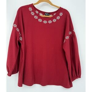 Cruel Denim‎ Red Waffle Knit Embroidered Western Boho Top Women's XXL Balloon
